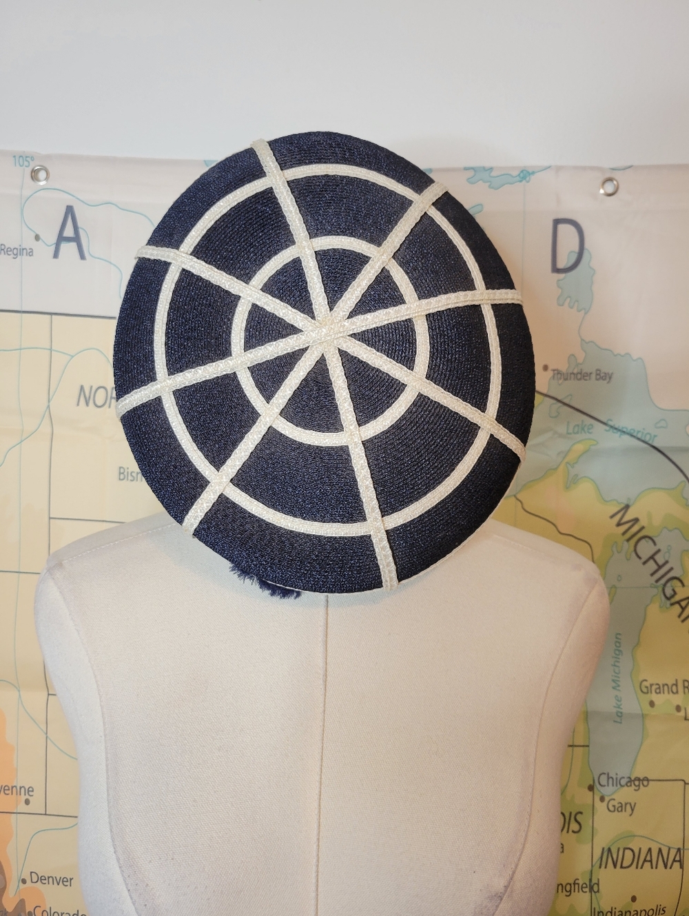 Vintage Schiaparelli Paris Navy Blue And White Pill Box Hat